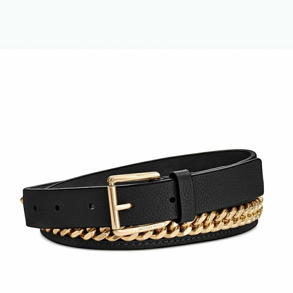 New! MICHAEL KORS Chain-Trim Leather Belt Black - Picture 1 of 4